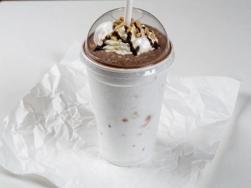 Cookout Chocolate Nut milkshake topped with whipped cream under a clear dome lid, with a wide straw