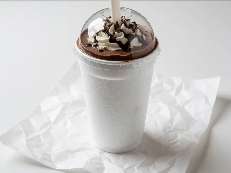 Cookout Double Chocolate milkshake topped with whipped cream under a clear dome lid, with a wide straw