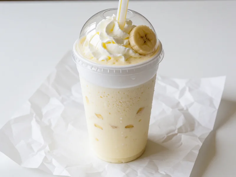 Cookout Fresh Banana milkshake topped with whipped cream under a clear dome lid, with a wide straw
