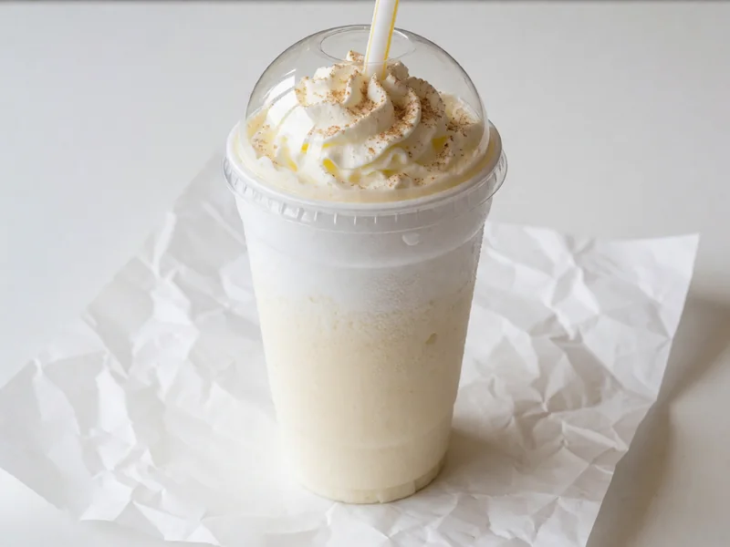 Cookout Fresh Eggnog milkshake topped with whipped cream under a clear dome lid, with a wide straw