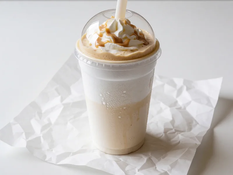 Cookout Fresh Peanut Butter milkshake topped with whipped cream under a clear dome lid, with a wide straw