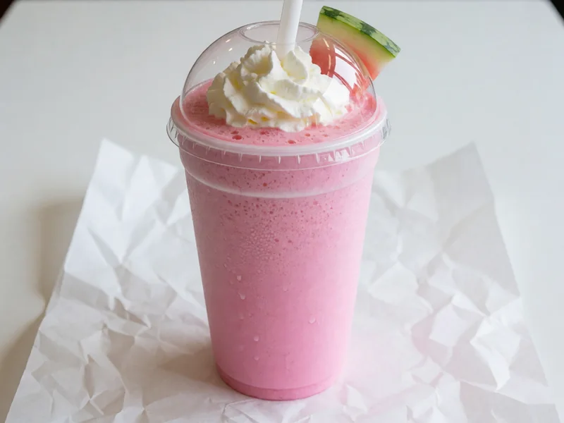 Cookout Fresh Watermelon milkshake topped with whipped cream under a clear dome lid, with a wide straw