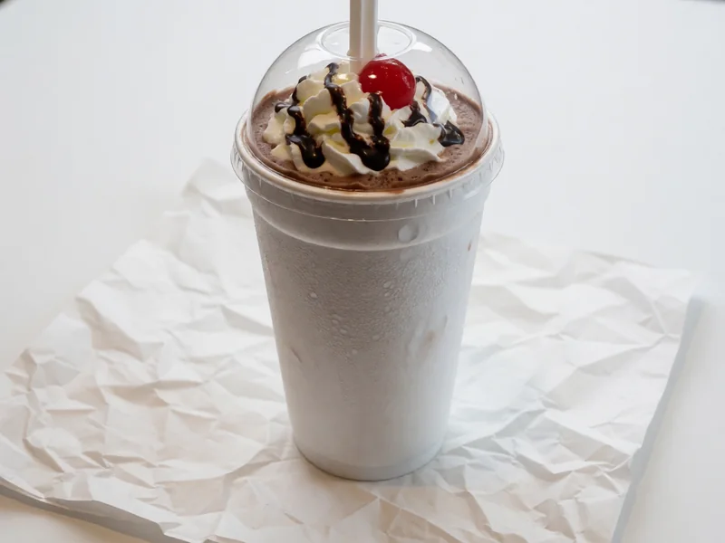 Cookout Hershey's Chocolate milkshake topped with whipped cream under a clear dome lid, with a wide straw