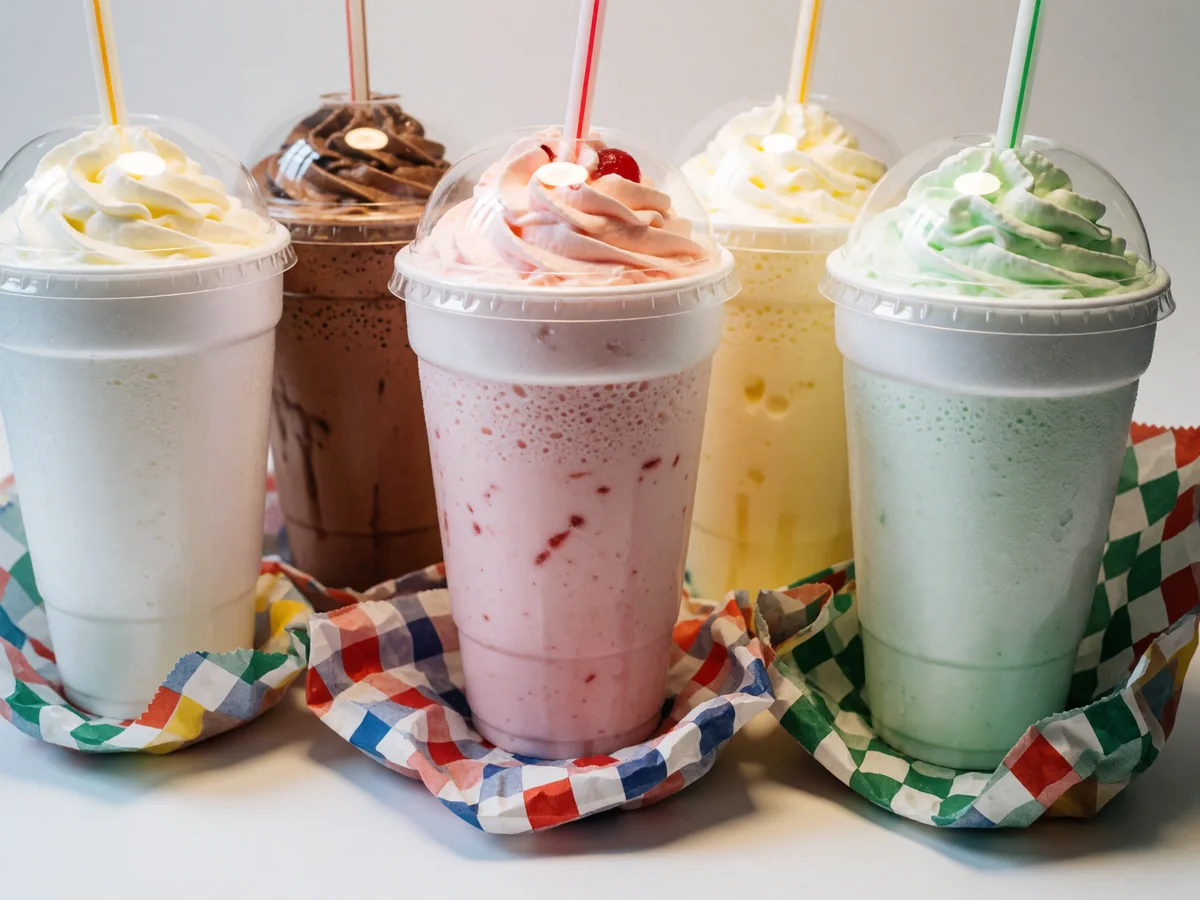 Five Cookout milkshakes in a row in vanilla, chocolate, strawberry, banana and mint, topped with whipped cream