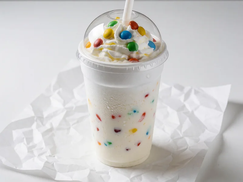 Cookout M&M milkshake topped with whipped cream under a clear dome lid, with a wide straw