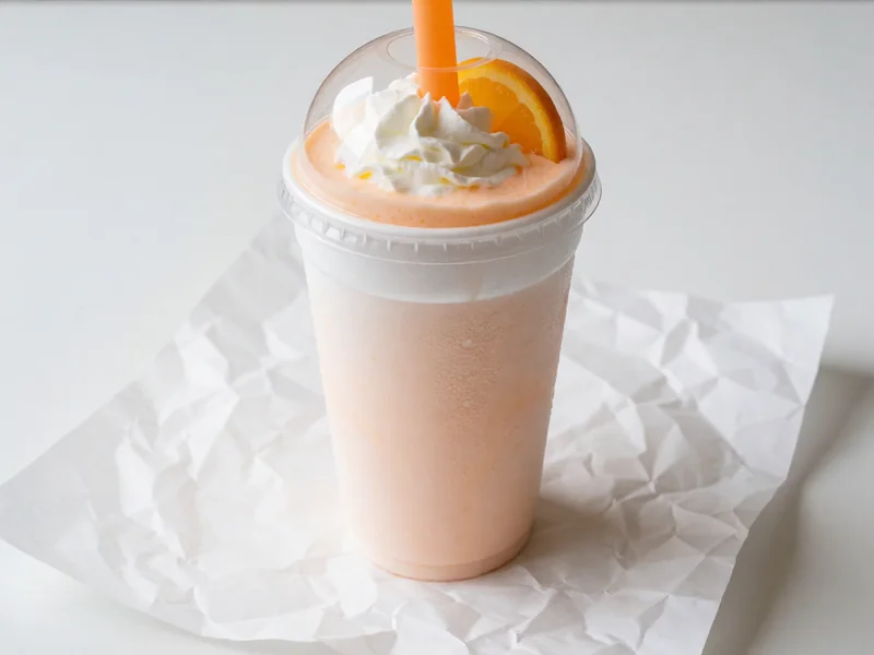 Cookout Orange Push-up milkshake topped with whipped cream under a clear dome lid, with a wide straw