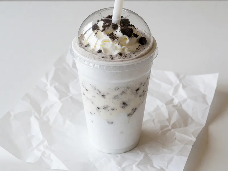 Cookout Oreo milkshake topped with whipped cream under a clear dome lid, with a wide straw