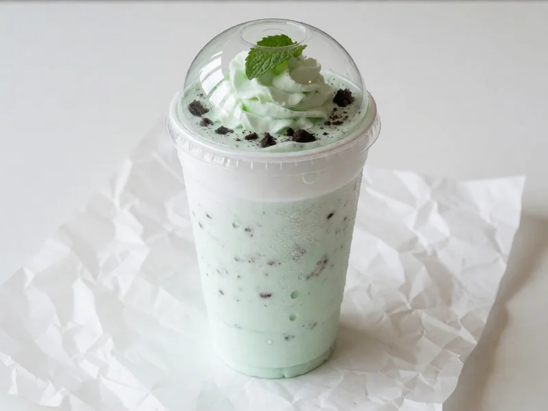 Cookout Oreo Mint milkshake topped with whipped cream under a clear dome lid, with a wide straw