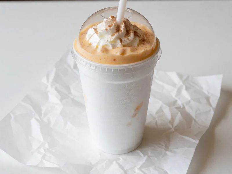 Cookout Peach Cobbler milkshake topped with whipped cream under a clear dome lid, with a wide straw