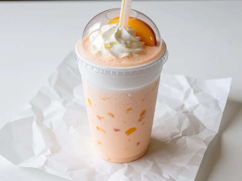 Cookout Peach milkshake topped with whipped cream under a clear dome lid, with a wide straw