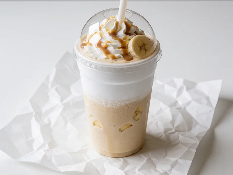 Cookout Peanut Butter Banana milkshake topped with whipped cream under a clear dome lid, with a wide straw
