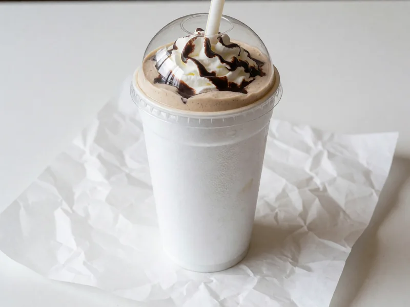 Cookout Peanut Butter Fudge milkshake topped with whipped cream under a clear dome lid, with a wide straw