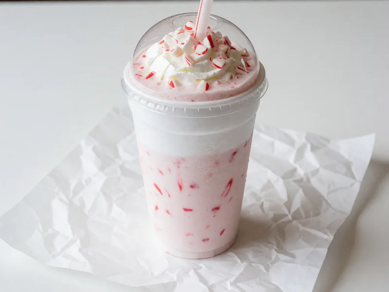 Cookout Peppermint milkshake topped with whipped cream under a clear dome lid, with a wide straw