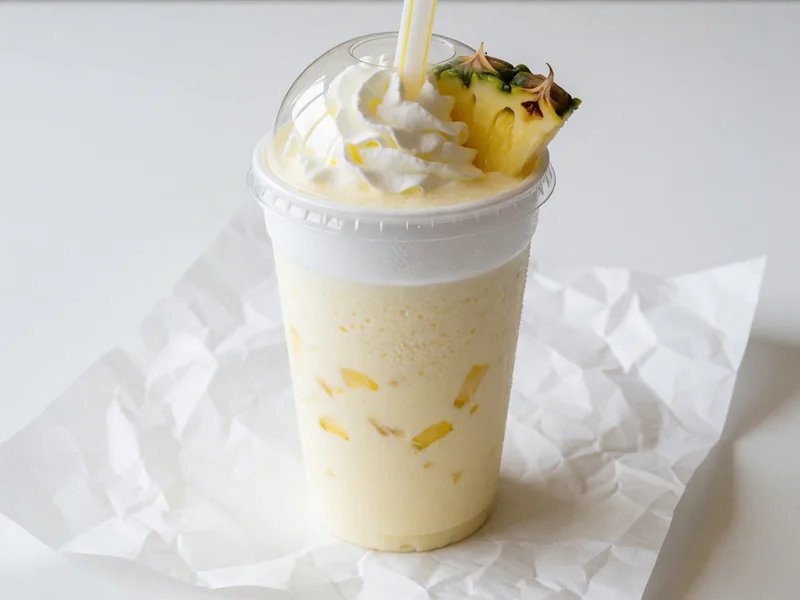 Cookout Pineapple milkshake topped with whipped cream under a clear dome lid, with a wide straw