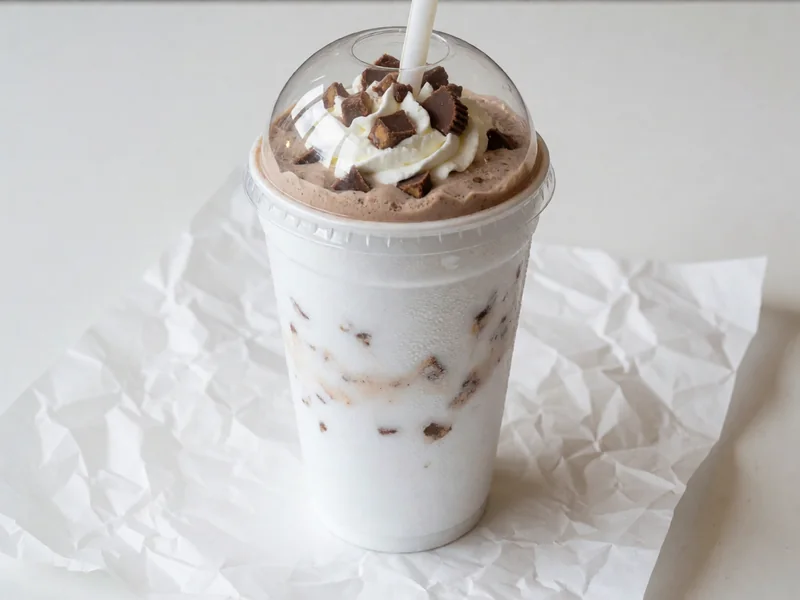 Cookout Reese's Cup milkshake topped with whipped cream under a clear dome lid, with a wide straw