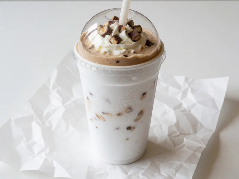 Cookout Snickers milkshake topped with whipped cream under a clear dome lid, with a wide straw
