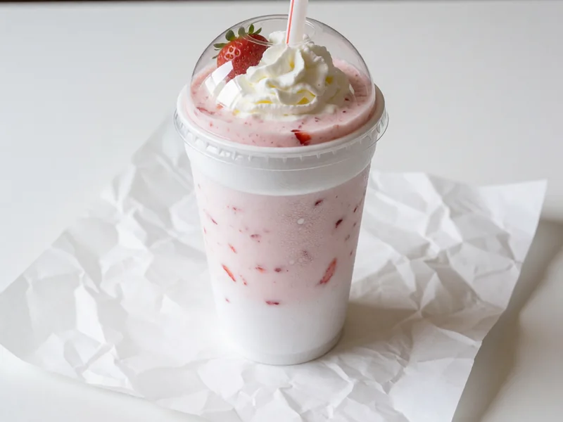 Cookout Strawberry milkshake topped with whipped cream under a clear dome lid, with a wide straw