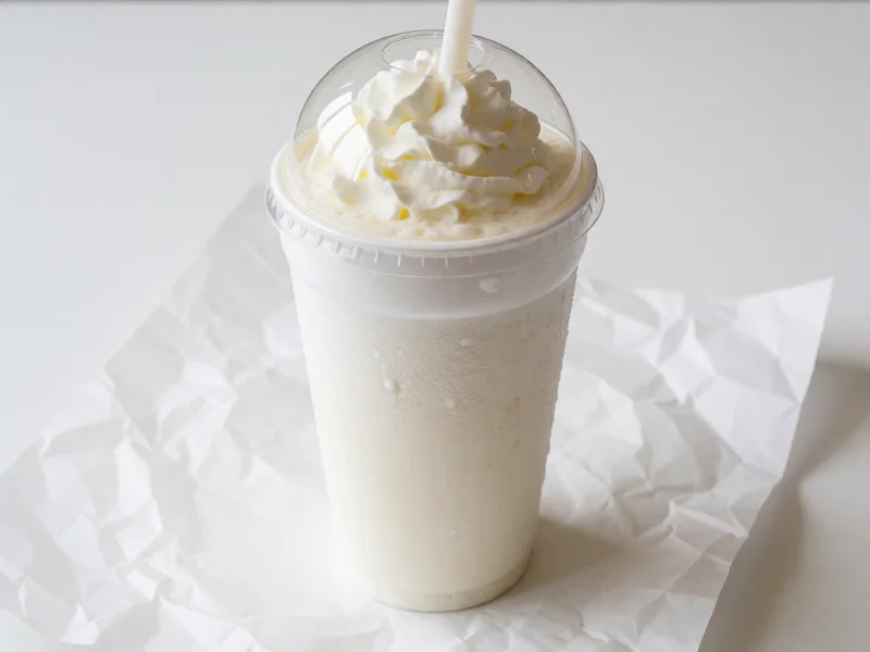 Cookout Vanilla milkshake topped with whipped cream under a clear dome lid, with a wide straw