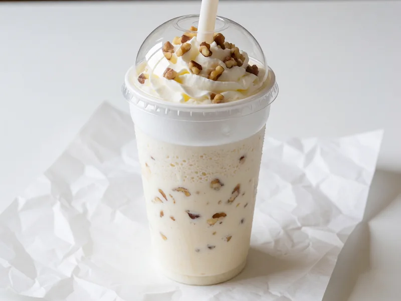 Cookout Walnut milkshake topped with whipped cream under a clear dome lid, with a wide straw