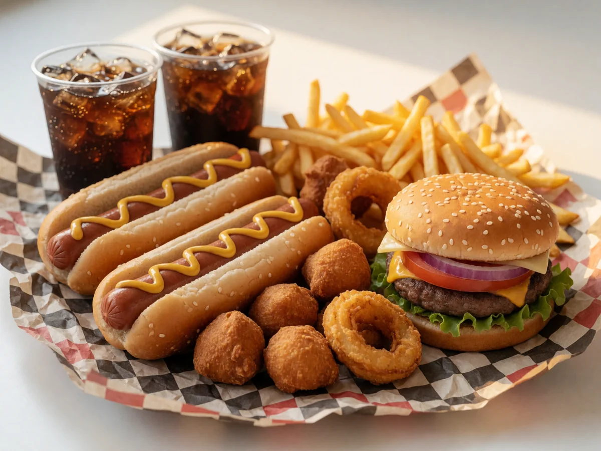 Affordable Cookout-style meal spread with burgers, a hot dog, fries, hushpuppies and drinks