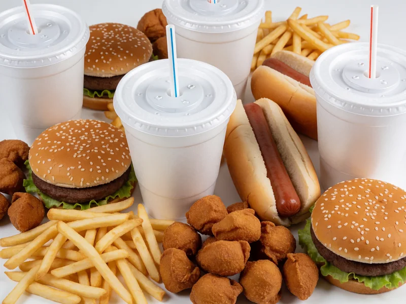 Value meal spread of burgers, hot dogs, fries, hushpuppies and drinks