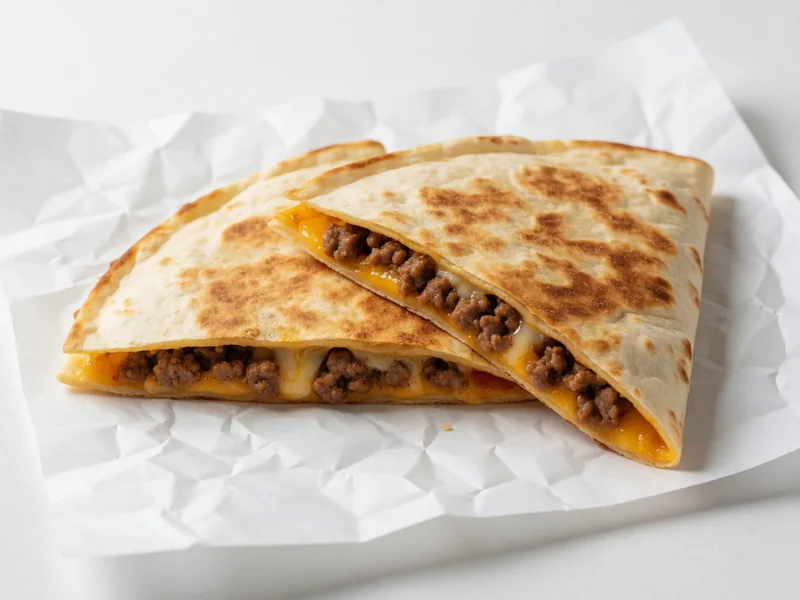 Cookout Beef Quesadilla cut in half with seasoned ground beef and melted cheese
