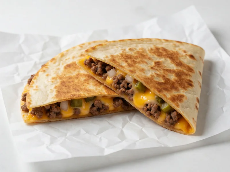 Cookout Cheeseburger Quesadilla cut in half with ground beef, cheese, onions and pickles