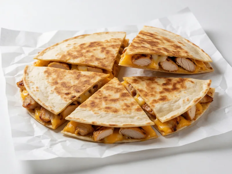Cookout Chicken Quesadilla cut into wedges with grilled chicken and melted cheese