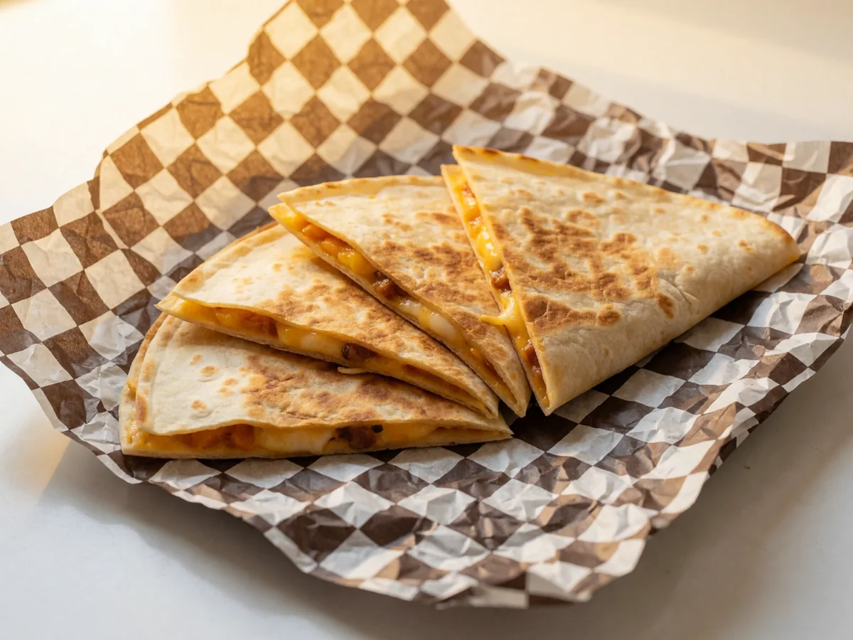 Cookout quesadilla cut into wedges with melted cheese on checkered paper
