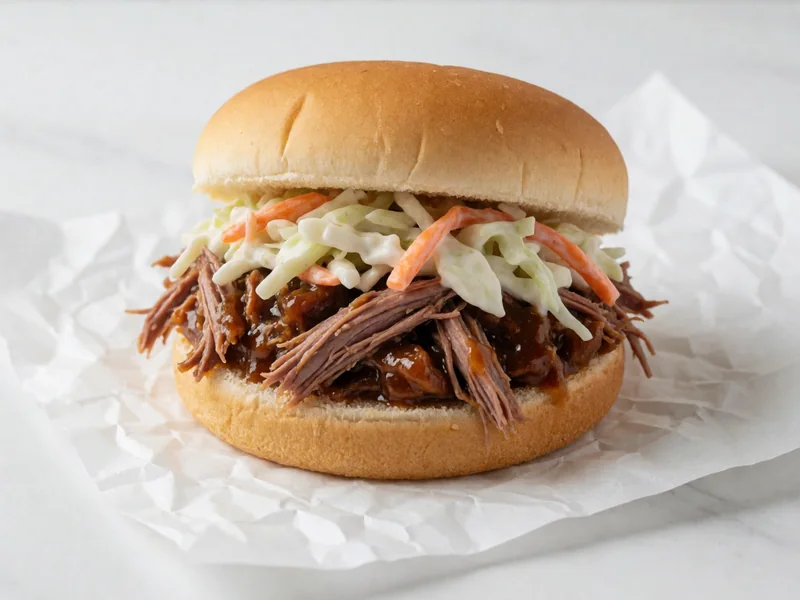 Cookout BBQ Sandwich with chopped pork and slaw on a soft bun