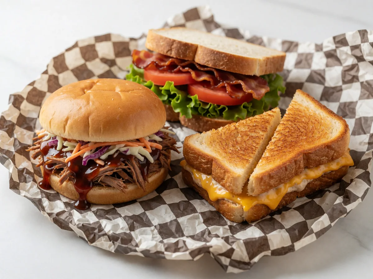 Cookout sandwiches: a BBQ sandwich with slaw, a BLT and a toasted cheese sandwich cut in half