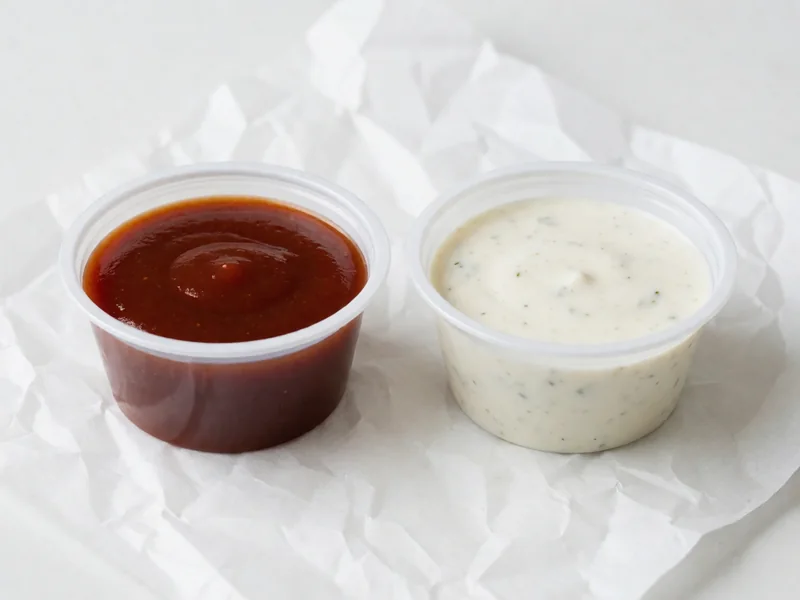 Cookout cups of BBQ sauce and ranch dressing side by side