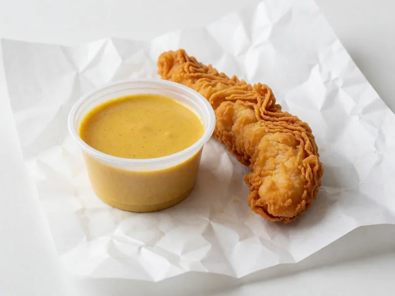 Cookout honey mustard in a dipping cup beside a chicken strip