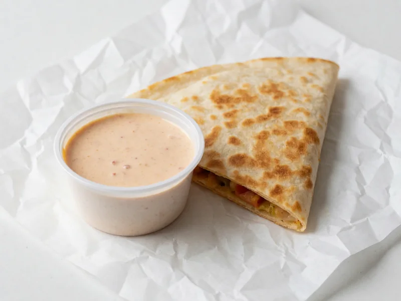 Cookout quesadilla sauce in a dipping cup beside a quesadilla wedge