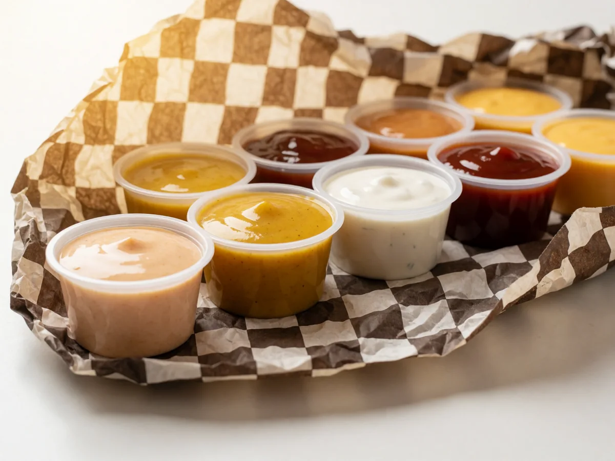 Cookout dipping sauces lined up in small cups, including Cookout Sauce, honey mustard, ranch and BBQ