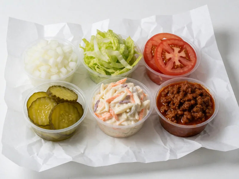 Cookout burger toppings in cups: onions, lettuce, tomato, pickles, slaw and chili