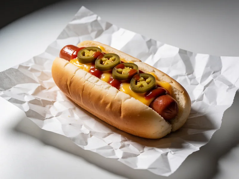 Hot dog topped with chili, cheese, jalapeños and hot sauce