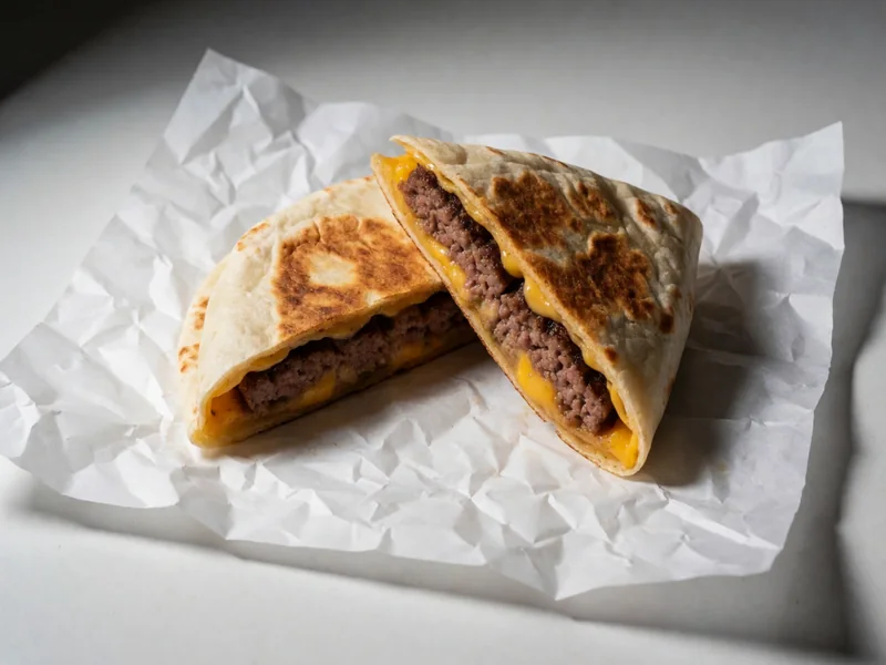 Burger patty and cheese folded inside a grilled tortilla