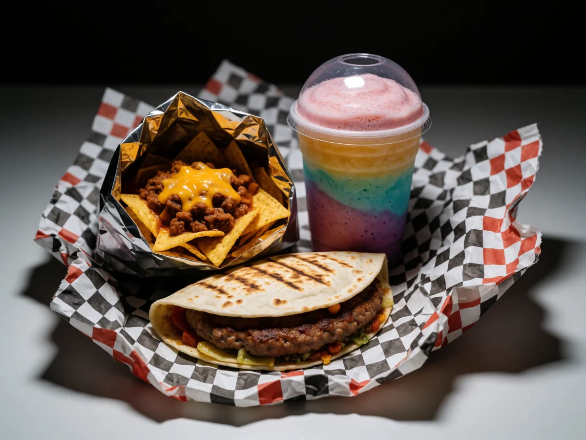 Cookout secret menu items: a walking taco in a chip bag, a quesadilla burger and a blended milkshake