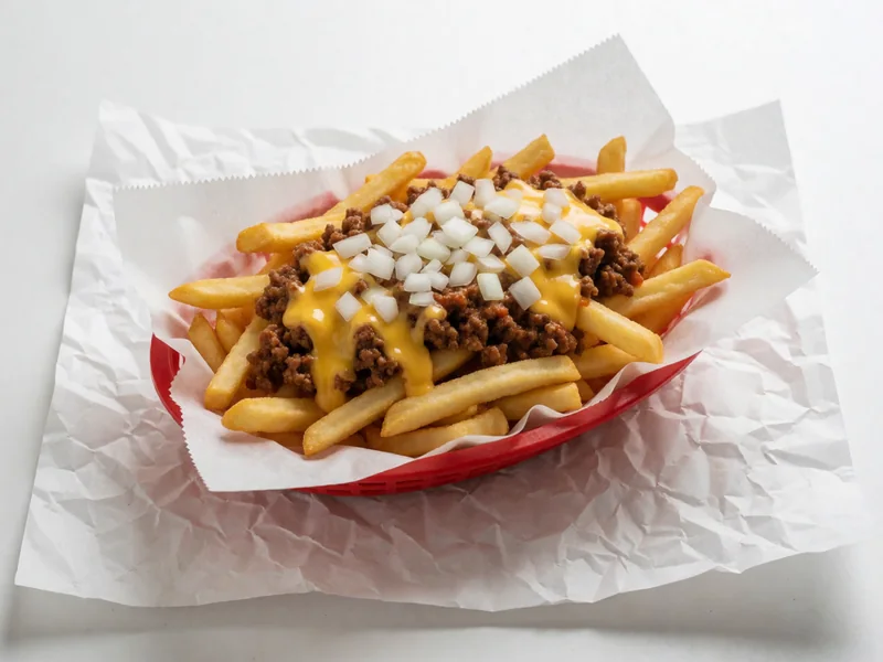 Cookout Chili Cheese Fries topped with chili, cheese sauce and diced onions