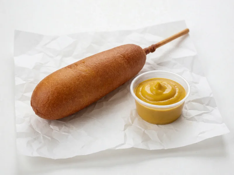 Cookout corn dog on a stick with a cup of mustard