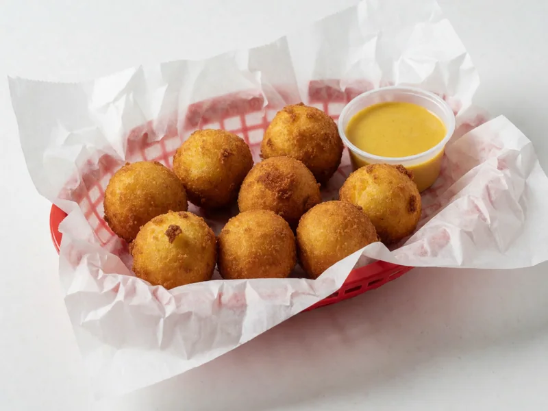 Cookout hushpuppies in a red basket with a cup of honey mustard