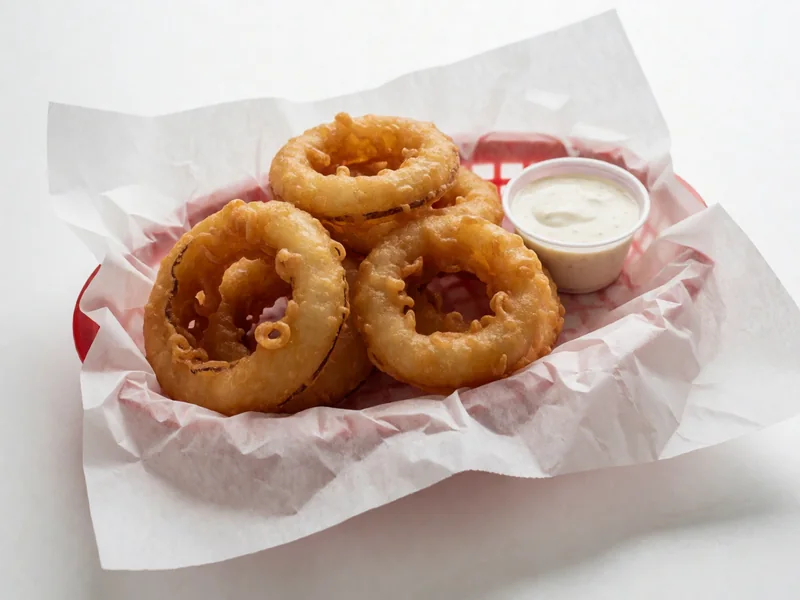 Cookout onion rings in a red basket with dipping sauce