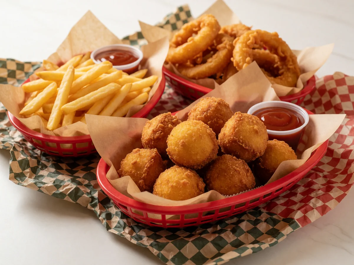Cookout sides: baskets of fries, onion rings and hushpuppies with dipping sauce