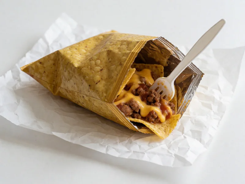 Cookout Walking Taco: chili and cheese over corn chips in an open bag with a fork