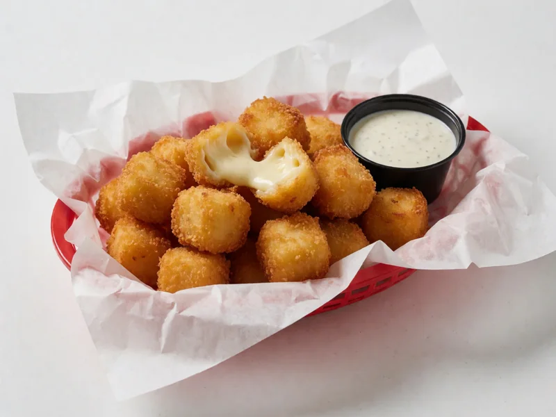 Cookout White Cheddar Cheese Bites in a red basket with ranch dip