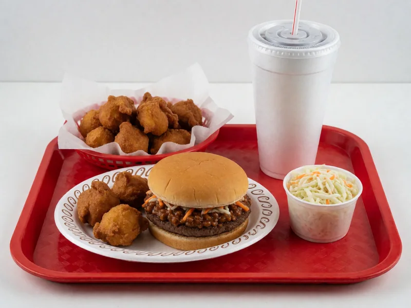Tray with a Cookout Style burger, hushpuppies, slaw and a cherry soda