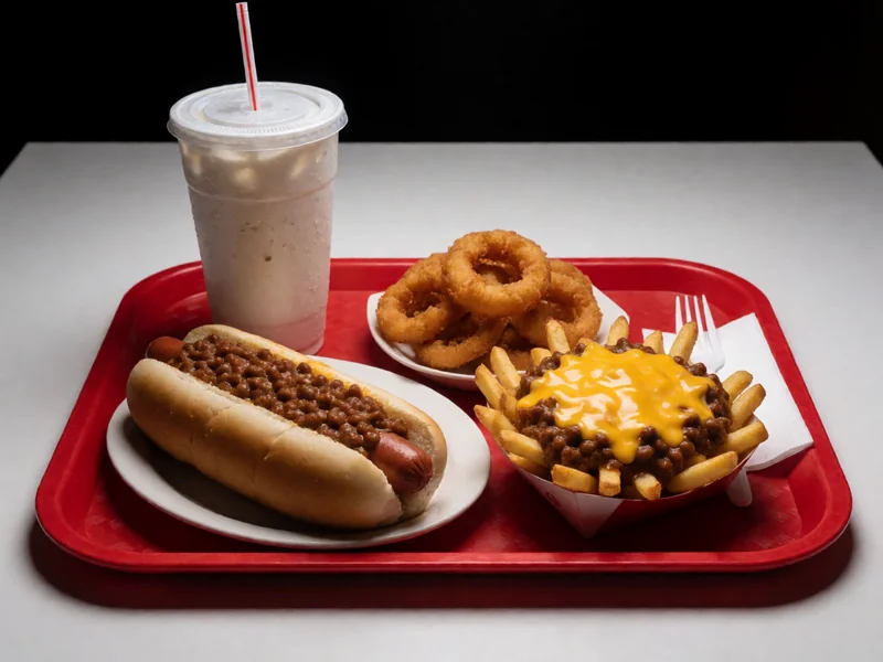 Cookout Tray with a chili dog, chili cheese fries, onion rings and a drink