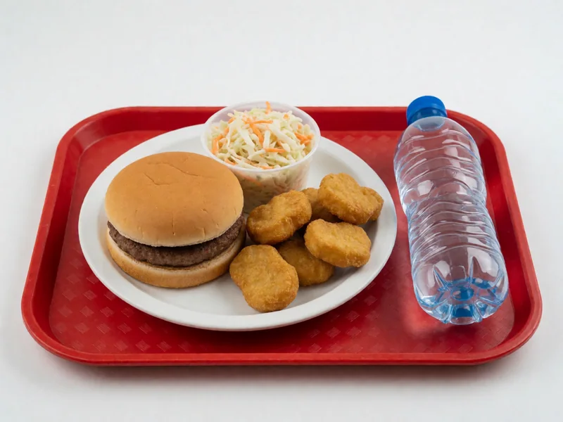 Cookout Tray with a small burger, coleslaw, nuggets and water