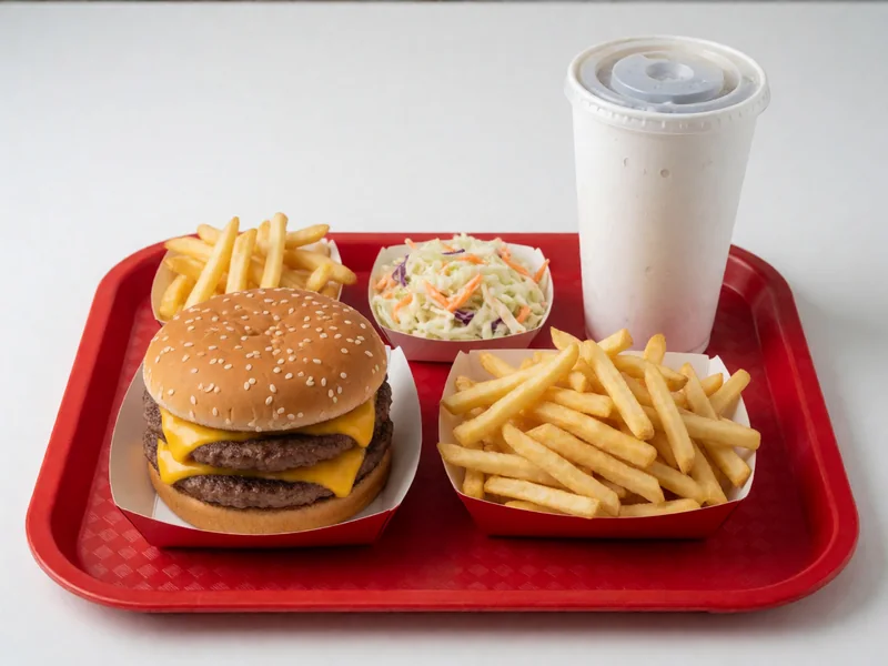 Cookout Regular Tray with a double cheeseburger, fries, coleslaw and a large drink
